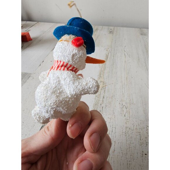 Antique vintage Frosty snowman ornament flocked blue top hat Xmas tree glitter f - Picture 6 of 10